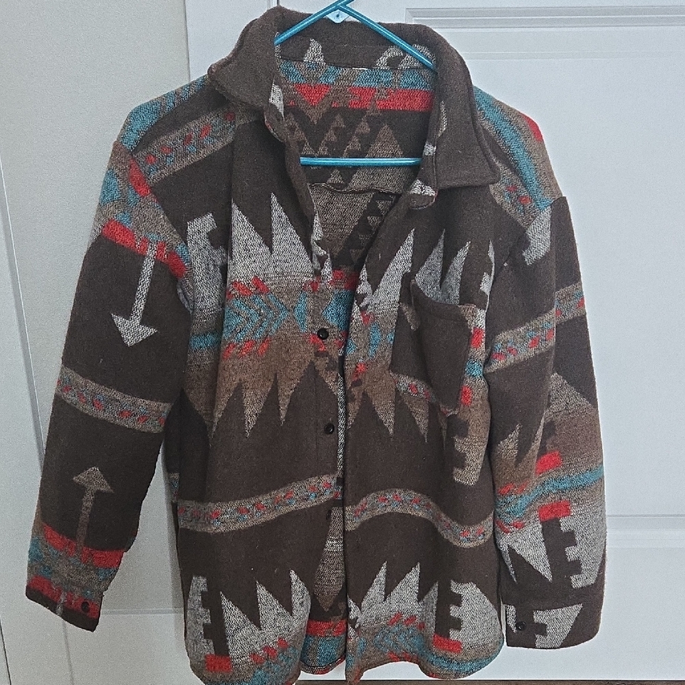 Men's Brown Aztec-Patterned Puffer Jacket with Red & Teal Accents